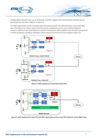 MEC Deployments in 4G and Evolution Towards 5G 7
configurability features that, e.g. an enterprise customer requests from the particular network service
purchased (see the lower diagram in Figure 2).
The MEC applications can be co-located with the evolved packet core (EPC) functions in the same MEC
host. This option can reduce costs as the EPC and its components can run e.g. as Virtual Network
Functions (VNFs) on the same Network Functions Virtualisation (NFV) platform with the MEC components
in order to improve scalability and better utilize network resources (see the example in Figure 3).
Figure 2: MEC deployment with distributed EPC
Figure 3: MEC deployment with EPC and MEC application on the same NFV platform (same MEC host).
 