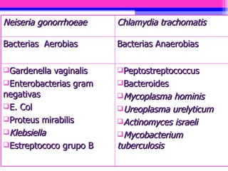 Neiseria gonorrhoeae Chlamydia trachomatis Bacterias  Aerobias  Bacterias Anaerobias Gardenella vaginalis  Enterobacterias gram negativas  E. Col  Proteus mirabilis  Klebsiella  Estreptococo grupo B  Peptostreptococcus  Bacteroides  Mycoplasma hominis Ureoplasma urelyticum Actinomyces israeli Mycobacterium tuberculosis   