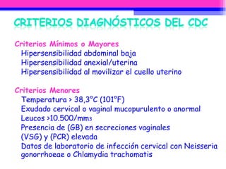 Criterios Mínimos o Mayores  Hipersensibilidad abdominal baja   Hipersensibilidad anexial/uterina   Hipersensibilidad al movilizar el cuello uterino   Criterios Menores Temperatura > 38,3°C (101°F)   Exudado cervical o vaginal mucopurulento o anormal  Leucos >10.500/mm 3 Presencia de (GB) en secreciones vaginales   (VSG) y (PCR) elevada  Datos de laboratorio de infección cervical con Neisseria gonorrhoeae o Chlamydia trachomatis   