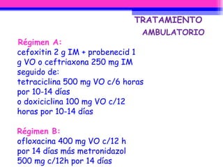 AMBULATORIO Régimen A:  cefoxitin 2 g IM + probenecid 1 g VO o ceftriaxona 250 mg IM seguido de: tetraciclina 500 mg VO c/6 horas por 10-14 días o doxiciclina 100 mg VO c/12 horas por 10-14 días Régimen B:  ofloxacina 400 mg VO c/12 h por 14 días más metronidazol 500 mg c/12h por 14 días  TRATAMIENTO 