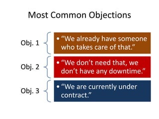 Most Common Objections
Obj. 1
•“We already have someone
who takes care of that.”
Obj. 2
•“We don’t need that, we
don’t have any downtime.”
Obj. 3
•“We are currently under
contract.”
 