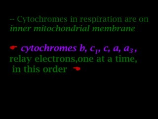 -- Cytochromes in respiration are on
inner mitochondrial membrane
 cytochromes b, c1, c, a, a3 ,
relay electrons,one at a time,
in this order 
 