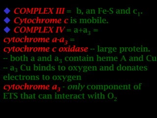  COMPLEX III = b, an Fe-S and c1.
 Cytochrome c is mobile.
 COMPLEX IV = a+a3 =
cytochrome a-a3 =
cytochrome c oxidase -- large protein.
-- both a and a3 contain heme A and Cu
-- a3 Cu binds to oxygen and donates
electrons to oxygen
cytochrome a3 - only component of
ETS that can interact with O2
 