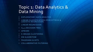 Topic 1: Data Analytics &
Data Mining
• EXPLORATORY DATA ANALYSIS
•
• LINEAR CLASSIFICATION (PERCEPTRON &
LOGISTIC REGRESSION)
•
• LINEAR REGRESSION
• C4.5 DECISION TREE
• APRIORI
• K-MEANS CLUSTERING
•
• EM ALGORITHM
• PAGERANK & HITS
• COLLABORATIVE FILTERING
 