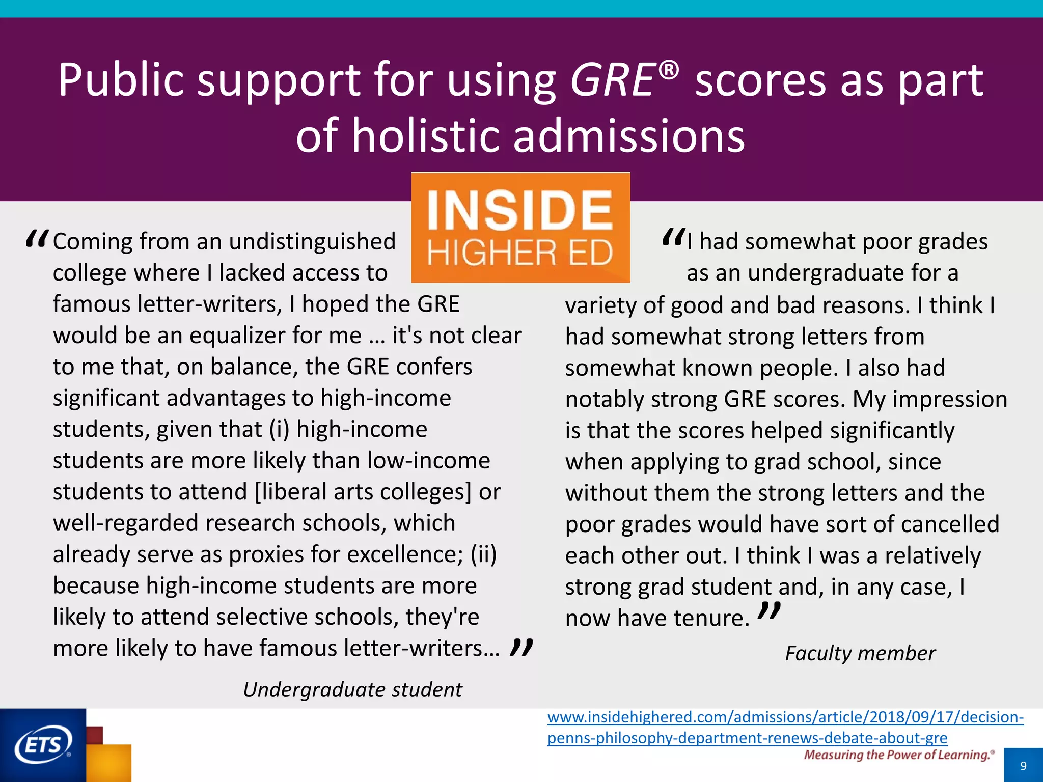 18
Public support for using GRE® scores as part
of holistic admissions
9
Coming from an undistinguished
college where I lacked access to
famous letter-writers, I hoped the GRE
would be an equalizer for me … it's not clear
to me that, on balance, the GRE confers
significant advantages to high-income
students, given that (i) high-income
students are more likely than low-income
students to attend [liberal arts colleges] or
well-regarded research schools, which
already serve as proxies for excellence; (ii)
because high-income students are more
likely to attend selective schools, they're
more likely to have famous letter-writers…
Undergraduate student
“
”
variety of good and bad reasons. I think I
had somewhat strong letters from
somewhat known people. I also had
notably strong GRE scores. My impression
is that the scores helped significantly
when applying to grad school, since
without them the strong letters and the
poor grades would have sort of cancelled
each other out. I think I was a relatively
strong grad student and, in any case, I
now have tenure.
“I had somewhat poor grades
as an undergraduate for a
”Faculty member
www.insidehighered.com/admissions/article/2018/09/17/decision-
penns-philosophy-department-renews-debate-about-gre
 