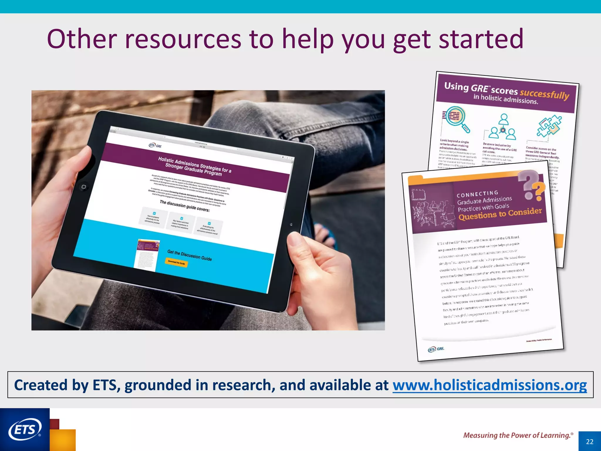 22
Other resources to help you get started
22
Created by ETS, grounded in research, and available at www.holisticadmissions.org
 