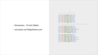 • Dimensions - 10 inch Tablets
• res/values-sw720dp/dimens.xml
 