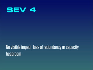SEV 4




No visible impact, loss of redundancy or capacity
headroom
 