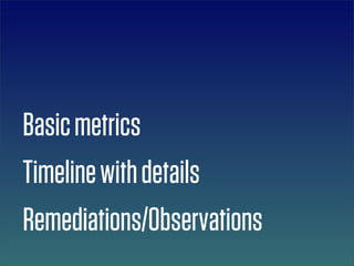 Basic metrics
Timeline with details
Remediations/Observations
 