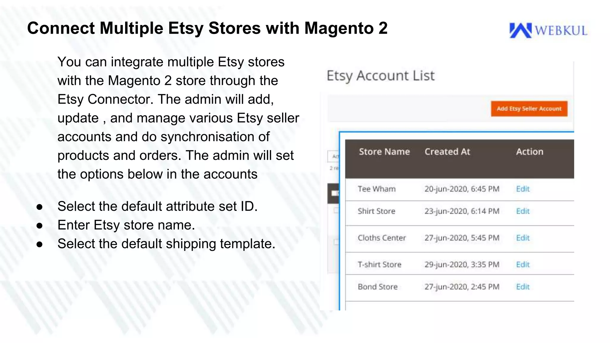 Connect Multiple Etsy Stores with Magento 2
You can integrate multiple Etsy stores
with the Magento 2 store through the
Etsy Connector. The admin will add,
update , and manage various Etsy seller
accounts and do synchronisation of
products and orders. The admin will set
the options below in the accounts
● Select the default attribute set ID.
● Enter Etsy store name.
● Select the default shipping template.
 