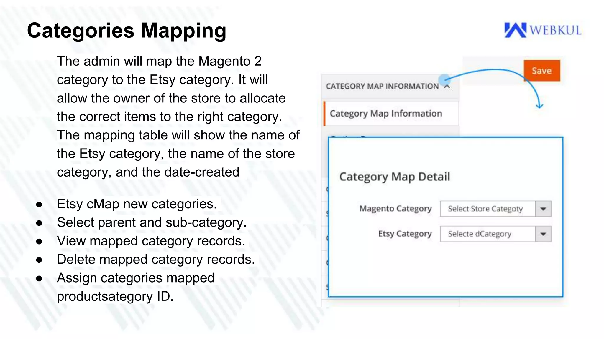 Categories Mapping
The admin will map the Magento 2
category to the Etsy category. It will
allow the owner of the store to allocate
the correct items to the right category.
The mapping table will show the name of
the Etsy category, the name of the store
category, and the date-created
● Etsy cMap new categories.
● Select parent and sub-category.
● View mapped category records.
● Delete mapped category records.
● Assign categories mapped
productsategory ID.
 