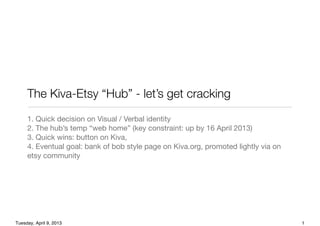 The Kiva-Etsy “Hub” - let’s get cracking
1. Quick decision on Visual / Verbal identity
2. The hub’s temp “web home” (key constraint: up by 16 April 2013)
3. Quick wins: button on Kiva,
4. Eventual goal: bank of bob style page on Kiva.org, promoted lightly via on
etsy community
1Tuesday, April 9, 2013
 