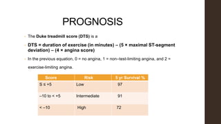 PROGNOSIS
• The Duke treadmill score (DTS) is a
• DTS = duration of exercise (in minutes) – (5 × maximal ST-segment
deviation) – (4 × angina score)
• In the previous equation, 0 = no angina, 1 = non–test-limiting angina, and 2 =
exercise-limiting angina.
Score Risk 5 yr Survival %
S ≤ +5 Low 97
–10 to < +5 Intermediate 91
< –10 High 72
 