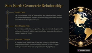 Sun-Earth Geometric Relationship
1 Earth's Orbit
The Earth orbits the sun in an elliptical path, with the sun at one of the foci.
This orbital pattern affects the amount of solar energy received by different
parts of the Earth throughout the year.
2 Tilt of Earth's Axis
The Earth's axis is tilted at an angle of 23.5 degrees relative to the plane of its
orbit around the sun. This tilt is responsible for the seasons and variations in
the sun's position in the sky.
3 Seasonal Changes
As the Earth orbits the sun, the tilt of its axis causes the Northern and
Southern hemispheres to receive different amounts of direct sunlight,
leading to seasonal changes in temperature and daylight hours.
 