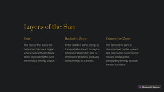 Layers of the Sun
Core
The core of the sun is the
hottest and densest region,
where nuclear fusion takes
place, generating the sun's
tremendous energy output.
Radiative Zone
In the radiative zone, energy is
transported outward through a
process of absorption and re-
emission of photons, gradually
losing energy as it travels.
Convective Zone
The convective zone is
characterized by the upward
and downward movement of
hot and cool plasma,
transporting energy towards
the sun's surface.
 
