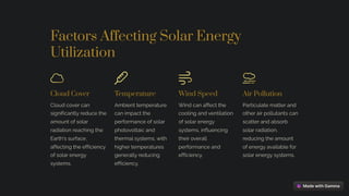 Factors Affecting Solar Energy
Utilization
Cloud Cover
Cloud cover can
significantly reduce the
amount of solar
radiation reaching the
Earth's surface,
affecting the efficiency
of solar energy
systems.
Temperature
Ambient temperature
can impact the
performance of solar
photovoltaic and
thermal systems, with
higher temperatures
generally reducing
efficiency.
Wind Speed
Wind can affect the
cooling and ventilation
of solar energy
systems, influencing
their overall
performance and
efficiency.
Air Pollution
Particulate matter and
other air pollutants can
scatter and absorb
solar radiation,
reducing the amount
of energy available for
solar energy systems.
 