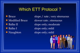 Which ETT Protocol ? Bruce slope / rate ; very strenuous Modified Bruce slower rate ; strenuous Balke II slope only; moderate Balke I slope only; mild Naughton slope only; mild 