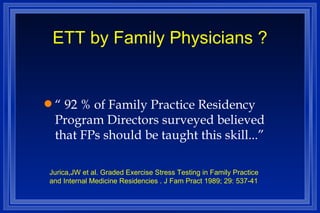 ETT by Family Physicians ? “  92 % of Family Practice Residency Program Directors surveyed believed that FPs should be taught this skill...” Jurica,JW et al. Graded Exercise Stress Testing in Family Practice and Internal Medicine Residencies . J Fam Pract 1989; 29: 537-41  
