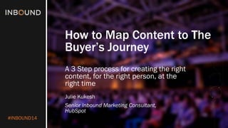 #INBOUND14 
How to Map Content to The Buyer’s Journey 
Julie Kukesh 
Senior Inbound Marketing Consultant, HubSpot 
A 3 Step process for creating the right content, for the right person, at the right time  