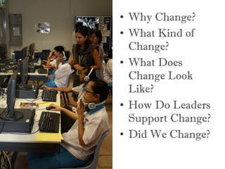 • Why Change?
• What Kind of
  Change?
• What Does
  Change Look
  Like?
• How Do Leaders
  Support Change?
• Did We Chang...