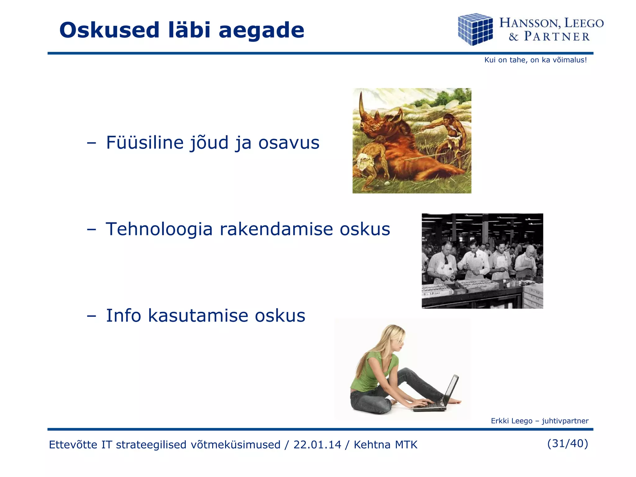 Oskused läbi aegade
Kui on tahe, on ka võimalus!

– Füüsiline jõud ja osavus

– Tehnoloogia rakendamise oskus

– Info kasutamise oskus

Erkki Leego – juhtivpartner

Ettevõtte IT strateegilised võtmeküsimused / 22.01.14 / Kehtna MTK

(31/40)

 