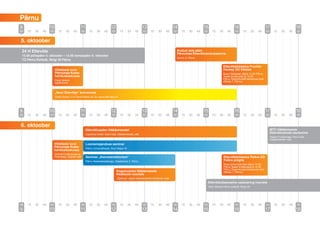 Pärnu
9                   10                         11                        12                         13                       14                      15                           16                          17                         18
00   15   30   45   00      15    30     45    00     15     30    45     00     15      30   45    00    15     30    45    00   15    30      45   00      15     30      45    00      15        30   45   00      15     30    45     00


5. oktoober
 24 H Ettevõte                                                                                                                Avatud uste päev
                                                                                                                              Pärnumaa Ettevõtlusinkubaatoris
 13.00 pühapäev 4. oktoober – 13.00 esmaspäev 5. oktoober
                                                                                                                              Uus tn 2, Pärnu
 TÜ Pärnu Kolledž, Ringi 35 Pärnu

                                                                                                                                                                         Ettevõttekülastus Frontier
                         Vilistlaste tund                                                                                                                                Hockey OÜ Võistes
                         Pärnumaa Kutse-                                                                                                                                 Buss Võistesse väljub 14.50 Pärnu
                         hariduskeskuses                                                                                                                                 Teater Endla eest ja 15.05
                                                                                                                                                                         Pärnu Õppenõustamiskeskuse eest
                         Pargi tänava                                                                                                                                    (Metsa 1, Pärnu)
                         õppehoone


                         „Noor Ettevõtja“ konverents
                         Hotell Strand, A.H Tammsaare pst 35, www.ettevotja.ee




9                   10                         11                        12                         13                       14                      15                           16                          17                         18
00   15   30   45   00      15    30     45    00     15     30    45     00     15      30   45    00    15     30    45    00   15    30      45   00      15     30      45    00      15        30   45   00      15     30    45     00


6. oktoober
                                                    Ettevõtluspäev Häädemeestel                                                                                                                                    MTÜ Häädemeeste
                                                    Lepanina Hotell, Kabli küla, Häädemeeste vald
                                                                                                                                                                                                                   Ettevõtluskoda asutamine
                                                                                                                                                                                                                   Atsikivi Puhkemaja, Penu küla,
                                                                                                                                                                                                                   Häädemeeste vald.
                         Vilistlaste tund           Loomemajanduse seminar
                         Pärnumaa Kutse-            Pärnu Linnavalitsuse, Suur-Sepa 16
                         hariduskeskuses
                         Voltveti Koolituskeskus
                         Tihemetsa, Saarde vald     Seminar „Konverentsiturism“                                                                                          Ettevõttekülastus Paikre OÜ
                                                    Pärnu Keskraamatukogu, Akadeemia 3, Pärnu                                                                            Paikre prügila
                                                                                                                                                                         Buss toimumiskohta väljub 14.50
                                                                                                                                                                         Pärnu Teater Endla eest ja 15.05
                                                                                                                                                                         Pärnu Õppenõustamiskeskuse eest
                                                                               Kogemusreis Häädemeeste                                                                   (Metsa 1, Pärnu)
                                                                               Keskkooli noortele
                                                                               „Õpibuss“ väljub Häädemeeste Keskkooli eest
                                                                                                                                                          Ettevõtlusteemaline vestlusring noortele
                                                                                                                                                          Tartu Ülikooli Pärnu kolledž, Ringi 35.




00   15   30   45   00      15    30     45    00     15     30    45     00     15      30   45    00    15     30    45    00   15    30      45   00      15     30      45    00      15        30   45   00      15     30    45     00
9                   10                         11                        12                         13                       14                      15                           16                          17                         18
 