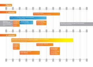 Pärnu
       9                10                 11                 12          13              14                 15                  16                17                 18                   19       20             21
       00 15 30 45 00 15 30 45 00 15 30 45 00 15 30 45 00 15 30 45 00 15 30 45 00 15 30 45 00 15 30 45 00 15 30 45 00 15 30 45 00 15 30 45 00 15 30 45 00


        7. oktoober
                                                                           Ettevõtluspäev Vändras
                                                                           Vändra Kultuurimaja, Pärnu-Paide mnt 2, Vändra alev


                   Seminar „Uus töölepingu seadus ja maksumuudatused“
                   Pärnu Keskraamatukogu, Akadeemia 3 Pärnu



8.30–10.15                  Vilistlaste tund „Ülikoolist kasvava                    Ettevõttekülastus
Ärihommikusöök              Pärnumaa         ettevõtluse seminar“                   AS Pere Leib Pärnus
                            Kutseharidus-                                                                                                               Ettevõtlus- ja turismikooli töö algus TÜ Pärnu Kolledžis
SPA & Konverentsikeskuses                    TÜ Pärnu Kolledž, Ringi 35             AS Pere Leib Pärnu
                            keskuses                                                osakond, Vanapargi 2
Strand, A.H Tammsaare                                                                                                                                   TÜ Pärnu Kolledž, Ringi 35 Pärnu
pst 35                      Niidupargi
                            õppehoone




       9                10                 11                 12          13              14                 15                  16                17                 18                   19       20             21
       00 15 30 45 00 15 30 45 00 15 30 45 00 15 30 45 00 15 30 45 00 15 30 45 00 15 30 45 00 15 30 45 00 15 30 45 00 15 30 45 00 15 30 45 00 15 30 45 00



        8. oktoober

                       Rahvusvaheline Ettevõtluskonverents „Ettevõtluse laiendamine Läänemere piirkonnas“
                       ja Pärnumaa ja Pärnu linna parimate ettevõtjate tunnustamine
                       Pärnu Keskraamatukogu, Akadeemia 3 Pärnu


                            Vilistlaste tund                                        Ettevõtluspäev Tõstamaal
                            Pärnumaa                                                Tõstamaa Keskkool
                            Kutseharidus-
                            keskuses
                            Niidupargi                                                                                     Ettevõttekülastus
                            õppehoone                                                                                      OÜ Paikre Pärnu
                                                                                                                           sorteerimisjaam
                                                                                                                           Buss toimumiskohta väljub
                                               Ettevõtluspäev Pärnumaa                                                     14.50 Pärnu Teater Endla
                                               koolide õpilastele                                                          eest ja 15.05 Pärnu
                                                                                                                           Õppenõustamiskeskuse
                                               Port Artur 2, Hommiku 2                                                     eest (Metsa 1, Pärnu)




       00 15 30 45 00 15 30 45 00 15 30 45 00 15 30 45 00 15 30 45 00 15 30 45 00 15 30 45 00 15 30 45 00 15 30 45 00 15 30 45 00 15 30 45 00 15 30 45 00
       9                10                 11                 12          13              14                 15                  16                17                 18                   19       20             21
 