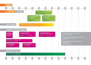 Tallinn
9                   10                    11                 12                 13                    14                 15                 16      17         18                  19          20            21
00 15 30 45 00 15 30 45 00 15 30 45 00 15 30 45 00 15 30 45 00 15 30 45 00 15 30 45 00 15 30 45 00 15 30 45 00 15 30 45 00 15 30 45 00 15 30 45 00


8. oktoober                         Töötoad                                                   Edukaks ettevõtjaks statistika abil
                                                                                              Sokos Hotel Viru Konverentsikeskuse
                                                                                              Allegro saalis.


                                                                      IDE: töötoad disainist ja                     IDE: töötoad disainist ja
                                                                      tootearendusest                               tootearendusest
                                                                      gümnasistidele                                gümnasistidele
                                                                      Sokos Hotel Viru Konverentsi-                 Sokos Hotel Viru Konverentsi-
                                                                      keskuse Andante 1 ja 2 saalis                 keskuse Andante 1 ja 2 saalis




Konverentsid                                   Noortekonverents Julge valik (vene keeles)
                                               Sokos Hotel Viru Konverentsikeskuse Grande 3 saal




Võistlused, mängud, laagrid
    E-viktoriin                                Kulusäästliku mõtlemise                                     Kulusäästliku mõtlemise
    majandusest                                simulatsioonimäng                                           simulatsioonimäng (vene keeles)               Kohtumised gümnasistidele „Võta ise ette!”
    8.-9. klasside                             Sokos Hotel Viru Konverentsikeskuse                         Sokos Hotel Viru Konverentsikeskuse           Erinevates Tallinna koolides
    õpilastele                                 Forte saal                                                  Forte saal
    www.ja.ee
                                                                                                                                                         Ettevõtlusööpäeva laager tudengitele (7.-8. oktoober)
                                                                                                                                                         TTÜ majandusteaduskonna uues hoones
                                                                                                                                                         Akadeemia tee 3
    Maketivõistlus „Rõõmumasinapark”
    Viru keskuse aatrium, Viru väljak 4                                                                                                                  Ettevõtlusööpäeva laager 10. klassi õpilastele
                                                                                                                                                         (8.-9. oktoober)
                                                                                                                                                         Kloogaranna noortelaager,
    Simulatsioonimäng                                   Simulatsioonimäng                                                                                Kloogaranna küla, Keila vald
    „Krooni teekond”                                    „Krooni teekond” (vene keeles)
    Kanutiaia Noortemaja                                Kanutiaia Noortemaja




Näitused ja messid
    Ideega ettevõtlusse, ideega tööle
    Sokos Hotel Viru Konverentsikeskuse fuajee



00 15 30 45 00 15 30 45 00 15 30 45 00 15 30 45 00 15 30 45 00 15 30 45 00 15 30 45 00 15 30 45 00 15 30 45 00 15 30 45 00 15 30 45 00 15 30 45 00
9                   10                    11                 12                 13                    14                 15                 16      17         18                  19          20            21
 