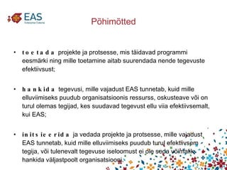 Põhimõtted toetada  projekte ja protsesse, mis täidavad programmi eesmärki ning mille toetamine aitab suurendada nende tegevuste efektiivsust;  hankida  tegevusi, mille vajadust EAS tunnetab, kuid mille elluviimiseks puudub organisatsioonis ressurss, oskusteave või on turul olemas tegijad, kes suudavad tegevust ellu viia efektiivsemalt, kui EAS; initsieerida  ja vedada projekte ja protsesse, mille vajadust EAS tunnetab, kuid mille elluviimiseks puudub turul efektiivsem tegija, või tulenevalt tegevuse iseloomust ei ole seda võimalik hankida väljastpoolt organisatsiooni. 