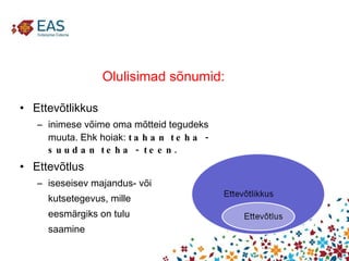 Olulisimad sõnumid: Ettevõtlikkus inimese võime oma mõtteid tegudeks muuta. Ehk hoiak:  tahan teha - suudan teha - teen.  Ettevõtlus iseseisev majandus- või  kutsetegevus, mille  eesmärgiks on tulu  saamine 