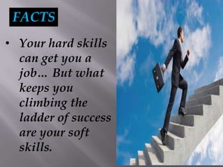 FACTS
• Your hard skills
can get you a
job… But what
keeps you
climbing the
ladder of success
are your soft
skills.
 