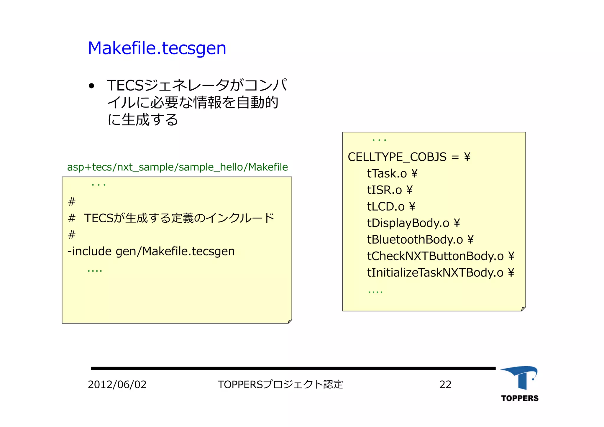 TOPPERSプロジェクト認定 222012/06/02
Makefile.tecsgen
• TECSジェネレータがコンパ
イルに必要な情報を⾃動的
に⽣成する
･･･
CELLTYPE_COBJS = ¥
tTask.o ¥
tISR.o ¥
tLCD.o ¥
tDisplayBody.o ¥
tBluetoothBody.o ¥
tCheckNXTButtonBody.o ¥
tInitializeTaskNXTBody.o ¥
....
･･･
#
# TECSが⽣成する定義のインクルード
#
-include gen/Makefile.tecsgen
....
asp+tecs/nxt_sample/sample_hello/Makefile
 