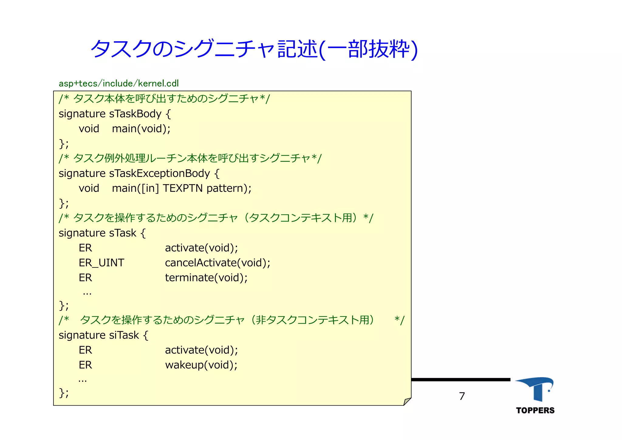 TOPPERSプロジェクト認定 72012/06/02
タスクのシグニチャ記述(⼀部抜粋)
/* タスク本体を呼び出すためのシグニチャ*/
signature sTaskBody {
void main(void);
};
/* タスク例外処理ルーチン本体を呼び出すシグニチャ*/
signature sTaskExceptionBody {
void main([in] TEXPTN pattern);
};
/* タスクを操作するためのシグニチャ（タスクコンテキスト⽤）*/
signature sTask {
ER activate(void);
ER_UINT cancelActivate(void);
ER terminate(void);
...
};
/* タスクを操作するためのシグニチャ（⾮タスクコンテキスト⽤） */
signature siTask {
ER activate(void);
ER wakeup(void);
...
};
asp+tecs/include/kernel.cdl
 