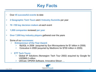 Key Facts   Over  45 successful events  to date 2 Geographic Tech Tours  and  2 Industry Summits  per year 70 -150 key decision makers  at each event 1,000 companies  reviewed  per year Over 7,000 key industry players  gathered over the years Some of our  successes: Entrepreneur of the Year Award: MySQL in 2006  (acquired by Sun Microsystems for $1 billion in 2008) Corevalve in 2008 (acquired by Medtronic for $700 million in 2009) ETT Tech Tours: Global IP Solutions (Norwegion Tech Tour 2002) acquired by Google for USD$68.2 million UDCast, OPERA Software, Innovative Silicon …   July 2010 