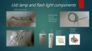 Usb lamp and flash light components
10 mm
LED bulb
5mm
LED
bulb
SMD LED BULBS
Spring wire
or iron
/aluminium
string wire
Surface
Mount
Device
(LED)
Variable
resistor
(trim pot)
 