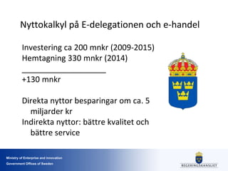 Ministry of Enterprise and innovation
Government Offices of Sweden
Nyttokalkyl på E-delegationen och e-handel
Investering ca 200 mnkr (2009-2015)
Hemtagning 330 mnkr (2014)
___________________
+130 mnkr
Direkta nyttor besparingar om ca. 5
miljarder kr
Indirekta nyttor: bättre kvalitet och
bättre service
 