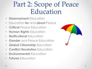 Part 2: Scope of Peace
Education
• Disarmament Education
• Education for and about Peace
• Critical Peace Education
• Human Rights Education
• Multicultural Education
• Gender and Peace Education
• Global Citizenship Education
• Conflict Resolution Education
• Environmental Education
• Futures Education
 