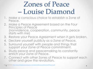 Zones of Peace
– Louise Diamond
1. Make a conscious choice to establish a Zone of
Peace.
2. Make a Peace Agreement based on the Four
Principles of Peace
(nonviolence, cooperation, community, peace
starts with me)
3. Restore your Peace Agreement when it gets broken.
4. Declare yourself publicly as a Zone of Peace.
5. Surround yourself with people and things that
support your Zone of Peace commitment.
6. Study peace and peacemaking to constantly
enrich your Zone of Peace.
7. Connect with other Zones of Peace to support each
other and grow the revolution.
Retrieved from http://www.thepeacecompany.com/peacelibrary/pdf/ZonesOfPeace.pdf
 