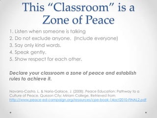 This “Classroom” is a
Zone of Peace
1. Listen when someone is talking
2. Do not exclude anyone. (Include everyone)
3. Say only kind words.
4. Speak gently.
5. Show respect for each other.
Declare your classroom a zone of peace and establish
rules to achieve it.
Navarro-Castro, L. & Nario-Galace, J. (2008). Peace Education: Pathway to a
Culture of Peace. Quezon City: Miriam College. Retrieved from
http://www.peace-ed-campaign.org/resources/cpe-book-14oct2010-FINAL2.pdf
 