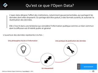 Edité par AdsVark Digital Publishing / FrenchWeb.fr - 2014
1/ Le programme Start Me Up!
Qu’est ce que l’Open Data?
Alibaba
Usine Digitale
Source
gouvernement.fr
Source
L'ouverture des données représente à la fois :
L'open data désigne l'eﬀort des institutions, notamment gouvernementales, qui partagent les
données dont elles disposent. Ce partage doit être gratuit, à des formats ouverts, et autoriser la
réutilisation des données.
!
Elle s’inscrit dans une tendance qui considère l’information publique comme un bien commun
dont la diﬀusion est d’intérêt public et général
Un mouvement
Une pratique de publication des donnéesUne philosophie d’accès à l’information
 
