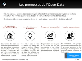 Edité par AdsVark Digital Publishing / FrenchWeb.fr - 2014
1/ Le programme Start Me Up!
Les promesses de l’Open Data
Alibaba
Usine Digitale
Source
Open Data Research
Etalab
Source
Un gouvernement
plus efﬁcient et efﬁcace
Innovation et croissance
économique
Transparence et responsabilité Inclusion et autonomisation
L’ouverture des données
permet au gouvernement et
aux personnes extérieures
d’identiﬁer différents
moyens d’améliorer les
services publiques en
répondant et en anticipant
les besoins des citoyens
Les star t-ups et les
e n t re p r i s e s é t a b l i e s
peuvent utiliser l’Open
Data pour développer de
nouveaux produits et
services, plus efﬁcaces et
sécurisés, générant ainsi un
gain net pour l'économie
En permettant aux citoyens
et la société de voir, de
comprendre et de mieux
contrôler les actions
gouvernementales et privées
En permettant à des groupes
marginalisés de s'impliquer dans
le processus politique, et ainsi
de corriger les déséquilibres de
pouvoir créés par l'asymétrie de
l’information
Internet a changé le rapport de nos concitoyens à l’accès à l’information et au savoir, dans ce contexte
l’ouverture des données publiques est d’abord et avant tout une exigence démocratique.
Quelles sont les promesses actuelles et les réalisations potentielles de l’Open Data?
 