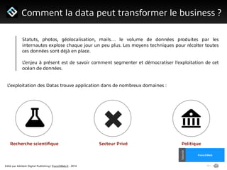 Edité par AdsVark Digital Publishing / FrenchWeb.fr - 2014
1/ Le programme Start Me Up!
Comment la data peut transformer le business ?
Alibaba
Usine Digitale
Source
FrenchWeb
Source
Statuts, photos, géolocalisation, mails… le volume de données produites par les
internautes explose chaque jour un peu plus. Les moyens techniques pour récolter toutes
ces données sont déjà en place.
!
L’enjeu à présent est de savoir comment segmenter et démocratiser l’exploitation de cet
océan de données.
L’exploitation des Datas trouve application dans de nombreux domaines :
Recherche scientiﬁque PolitiqueSecteur Privé
 