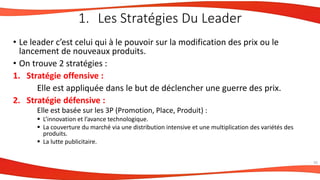 • Le leader c’est celui qui à le pouvoir sur la modification des prix ou le
lancement de nouveaux produits.
• On trouve 2 stratégies :
1. Stratégie offensive :
Elle est appliquée dans le but de déclencher une guerre des prix.
2. Stratégie défensive :
Elle est basée sur les 3P (Promotion, Place, Produit) :
 L’innovation et l’avance technologique.
 La couverture du marché via une distribution intensive et une multiplication des variétés des
produits.
 La lutte publicitaire.
26
1. Les Stratégies Du Leader
 