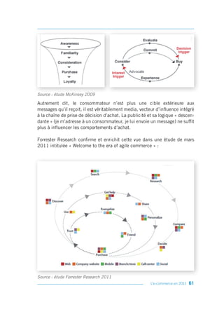 Source : étude McKinsey 2009

Autrement dit, le consommateur n’est plus une cible extérieure aux
messages qu’il reçoit, il est véritablement media, vecteur d’influence intégré
à la chaîne de prise de décision d’achat. La publicité et sa logique « descen-
dante » (je m’adresse à un consommateur, je lui envoie un message) ne suffit
plus à influencer les comportements d’achat.

Forrester Research confirme et enrichit cette vue dans une étude de mars
2011 intitulée « Welcome to the era of agile commerce » :




Source : étude Forrester Research 2011
                                                        L’e-commerce en 2011   61
 