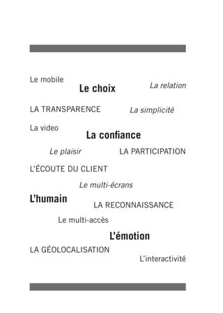Le mobile
              Le choix             La relation


LA TRANSPARENCE             La simplicité

La video
                  La confiance
     Le plaisir           LA PARTICIPATION

L’ÉCOUTE DU CLIENT

              Le multi-écrans
L’humain
                   LA RECONNAISSANCE
       Le multi-accès

                        L’émotion
LA GÉOLOCALISATION
                                L’interactivité
 