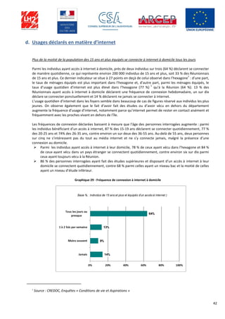 42
d. Usages déclarés en matière d’internet
Plus de la moitié de la population des 15 ans et plus équipés se connecte à internet à domicile tous les jours
Parmi les individus ayant accès à internet à domicile, près de deux individus sur trois (64 %) déclarent se connecter
de manière quotidienne, ce qui représente environ 200 000 individus de 15 ans et plus, soit 33 % des Réunionnais
de 15 ans et plus. Ce dernier indicateur se situe à 27 points en deçà de celui observé dans l’hexagone
1
: d’une part,
le taux de ménages équipés est plus important dans l’hexagone et, d’autre part, parmi les ménages équipés, le
taux d’usage quotidien d’internet est plus élevé dans l’hexagone (77 %)
1
qu’à la Réunion (64 %). 13 % des
Réunionnais ayant accès à internet à domicile déclarent une fréquence de connexion hebdomadaire, un sur dix
déclare se connecter ponctuellement et 14 % déclarent ne jamais se connecter à internet.
L’usage quotidien d’internet dans les foyers semble dans beaucoup de cas de figures réservé aux individus les plus
jeunes. On observe également que le fait d’avoir fait des études ou d’avoir vécu en dehors du département
augmente la fréquence d’usage d’internet, notamment parce qu’internet permet de rester en contact aisément et
fréquemment avec les proches vivant en dehors de l’île.
Les fréquences de connexion déclarées baissent à mesure que l’âge des personnes interrogées augmente : parmi
les individus bénéficiant d’un accès à internet, 87 % des 15-19 ans déclarent se connecter quotidiennement, 77 %
des 20-25 ans et 74% des 26-35 ans, contre environ un sur deux des 36-55 ans. Au-delà de 55 ans, deux personnes
sur cinq ne s’intéressent pas du tout au média internet et ne s’y connecte jamais, malgré la présence d’une
connexion au domicile.
 Parmi les individus ayant accès à internet à leur domicile, 78 % de ceux ayant vécu dans l’hexagone et 84 %
de ceux ayant vécu dans un pays étranger se connectent quotidiennement, contre environ six sur dix parmi
ceux ayant toujours vécu à la Réunion.
 86 % des personnes interrogées ayant fait des études supérieures et disposant d’un accès à internet à leur
domicile se connectent quotidiennement, contre 68 % parmi celles ayant un niveau bac et la moitié de celles
ayant un niveau d’étude inférieur.
Graphique 29 - Fréquence de connexion à internet à domicile
1
Source : CREDOC, Enquêtes « Conditions de vie et Aspirations »
 