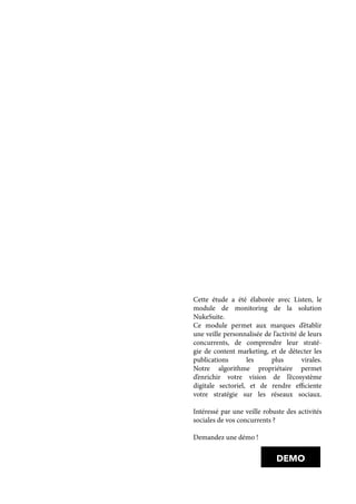 Cette étude a été élaborée avec Listen, le
module de monitoring de la solution
NukeSuite.
Ce module permet aux marques d’établir
une veille personnalisée de l’activité de leurs
concurrents, de comprendre leur straté-
gie de content marketing, et de détecter les
publications les plus virales.
Notre algorithme propriétaire permet
d’enrichir votre vision de l’écosystème
digitale sectoriel, et de rendre efficiente
votre stratégie sur les réseaux sociaux.
Intéressé par une veille robuste des activités
sociales de vos concurrents ?
Demandez une démo !
DEMO
 