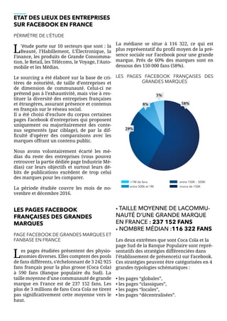 ETAT DES LIEUX DES ENTREPRISES
SUR FACEBOOK EN FRANCE
PÉRIMÈTRE DE L’ÉTUDE
L’étude porte sur 10 secteurs que sont : la
Beauté, l’Habillement, L’Électronique, la
Finance, les produits de Grande Consomma-
tion, le Retail, les Télécoms, le Voyage, l’Auto-
mobile et les Médias.
Le sourcing a été élaboré sur la base de cri-
tères de notoriété, de taille d’entreprises et
de dimension de communauté. Celui-ci ne
prétend pas à l’exhaustivité, mais vise à res-
tituer la diversité des entreprises françaises
et étrangères, assurant présence et contenus
en français sur le réseau social.
Il a été choisi d’exclure du corpus certaines
pages Facebook d’entreprises qui proposent
uniquement ou majoritairement des conte-
nus segmentés (par ciblage), de par la dif-
ficulté d’opérer des comparaisons avec les
marques offrant un contenu public.
Nous avons volontairement écarté les mé-
dias du reste des entreprises (vous pouvez
retrouver la partie dédiée page Industrie Mé-
dias) car leurs objectifs et surtout leurs dé-
bits de publications excèdent de trop celui
des marques pour les comparer.
La période étudiée couvre les mois de no-
vembre et décembre 2016.
LES PAGES FACEBOOK
FRANÇAISES DES GRANDES
MARQUES
PAGE FACEBOOK DE GRANDES MARQUES ET
FANBASE EN FRANCE
Les pages étudiées présentent des physio-
nomies diverses. Elles comptent des pools
de fans différents, s’échelonnant de 3 242 925
fans français pour la plus grosse (Coca Cola)
à 590 fans (Banque populaire du Sud). La
taille moyenne d’une communauté de grande
marque en France est de 237 152 fans. Les
plus de 3 millions de fans Coca Cola ne tirent
pas significativement cette moyenne vers le
haut.
La médiane se situe à 116 322, ce qui est
plus représentatif du profil moyen de la pré-
sence sociale sur Facebook pour une grande
marque. Près de 60% des marques sont en
dessous des 150 000 fans (58%).
LES PAGES FACEBOOK FRANÇAISES DES
GRANDES MARQUES
• TAILLE MOYENNE DE LACOMMU-
NAUTÉ D’UNE GRANDE MARQUE
EN FRANCE : 237 152 FANS
• NOMBRE MÉDIAN :116 322 FANS
Les deux extrêmes que sont Coca Cola et la
page Sud de la Banque Populaire sont repré-
sentatifs des stratégies différenciées dans
l’établissement de présence(s) sur Facebook.
Ces stratégies peuvent être catégorisées en 4
grandes typologies schématiques :
• les pages “globales”,
• les pages “classiques”,
• les pages “locales”,
• les pages “décentralisées”.
>1M de fans
entre 500k et 1M
entre 150K - 500K
moins de 150K
8%
5%
29%
58%
 