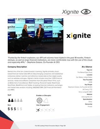 Staff
Size
$ $ $ $ $
Enabler or Disruptor
User Engagement
The 100 Leading Fintech Innovators Report | Page 104
Company Description
Named one of the ten coolest brands in banking, Xignite provides cloud-
based financial market data APIs to help emerging companies and established
enterprises deliver real-time and reference market data to their digital assets,
such as websites and apps. Xignite’s clients include more than 1,000 financial
services, media and software companies from disruptive fintech firms, such
as Betterment, FutureAdvisor, Motif Investing, Personal Capital, Robinhood,
StockTwits, Wealthfront and Yodlee, to leading financial institutions, exchanges
and market data vendors including, NASDAQ OMX, SIX Financial Information
and BMO.
“Fueled by the fintech explosion, our API call volumes have tripled in the past 18 months, Fintech
startups, as well as large financial institutions, are more comfortable now with the use of the cloud,
and especially APIs.” - Stephane Dubois, Co-Founder & CEO
At a Glance
Tag Line
The Market Data Cloud
Located
San Mateo, United States
Year Founded
2006
Key People
Stephane Dubois, Co-Founder & CEO
Al Chang, CTO
Kerry Langstaff, CMO
Website
www.xignite.com
Specialisation
Other
Ownership
Private
Xignite
 