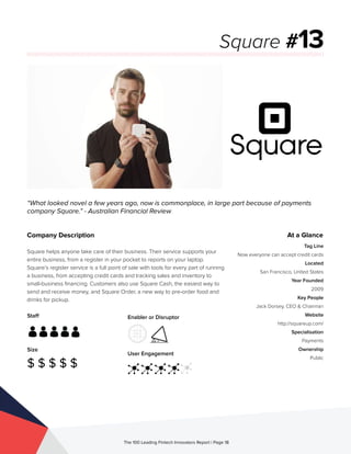 Staff
Size
$ $ $ $ $
Enabler or Disruptor
User Engagement
The 100 Leading Fintech Innovators Report | Page 18
Company Description
Square helps anyone take care of their business. Their service supports your
entire business, from a register in your pocket to reports on your laptop.
Square’s register service is a full point of sale with tools for every part of running
a business, from accepting credit cards and tracking sales and inventory to
small-business financing. Customers also use Square Cash, the easiest way to
send and receive money, and Square Order, a new way to pre-order food and
drinks for pickup.
“What looked novel a few years ago, now is commonplace, in large part because of payments
company Square.” - Australian Financial Review
Square #13
At a Glance
Tag Line
Now everyone can accept credit cards
Located
San Francisco, United States
Year Founded
2009
Key People
Jack Dorsey, CEO & Chairman
Website
http://squareup.com/
Specialisation
Payments
Ownership
Public
 